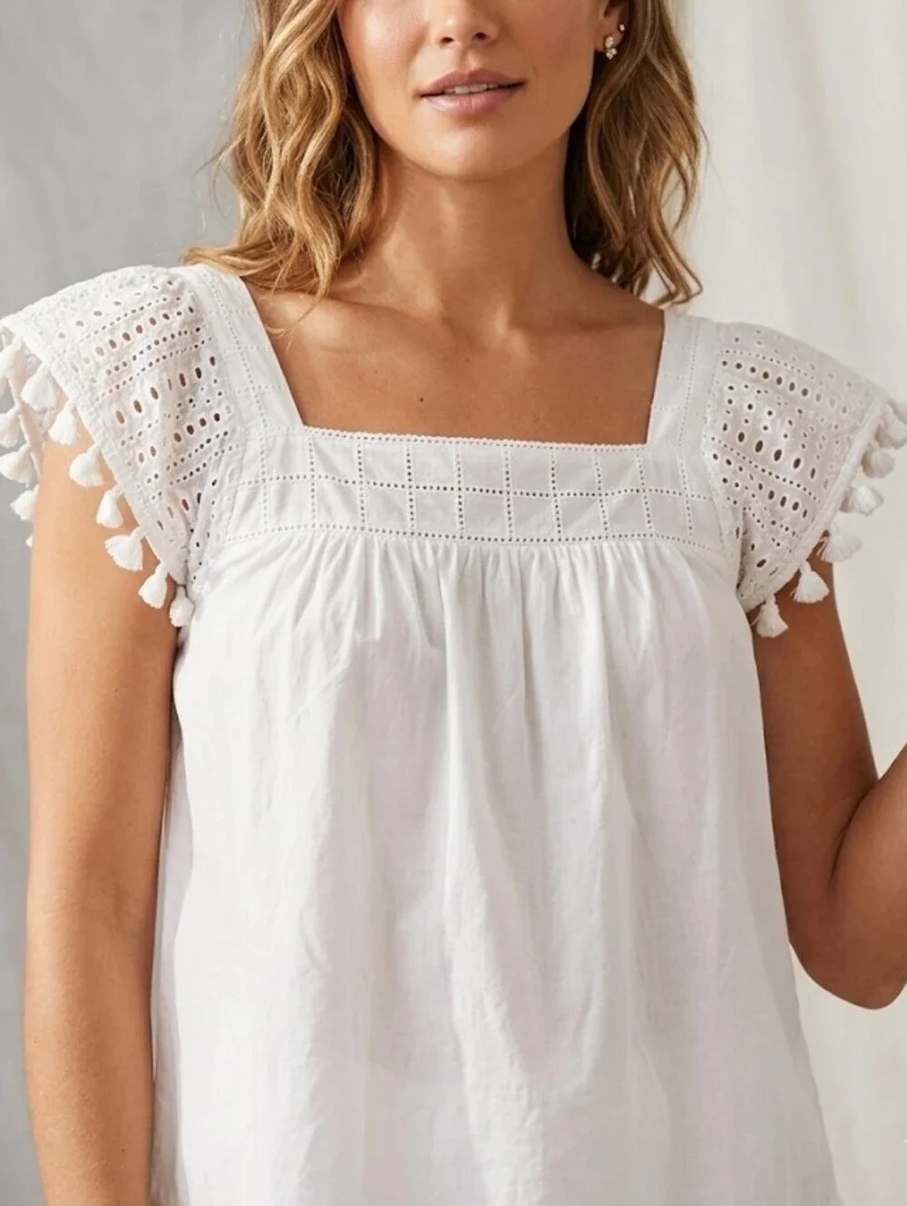 J. Crew White Square-Neck Crochet Sleeve Blousesize 2